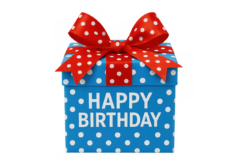 Blue happy birthday gift box with white polka dots and red ribbon bow, celebrating special occasions