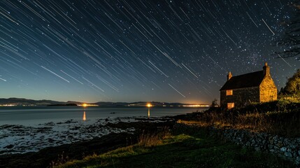 A picturesque scene of a house with a chimney, set against a starry night sky with star trails, illuminated by a warm yellow light, with a calm sea and distant islands in the background.