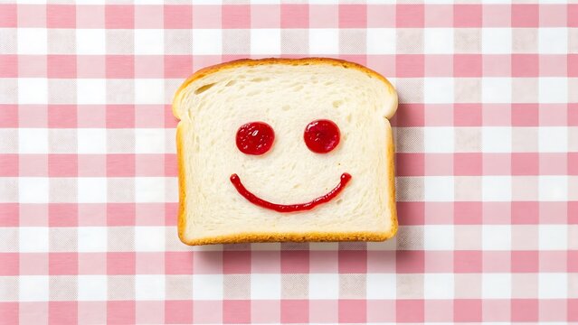 Slice of bread with jam smiley face on checkered tablecloth
