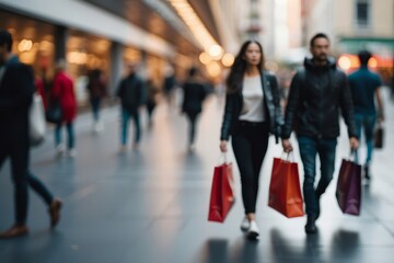 Blurred people walking in modern city, blurred shoppers with shopping bags