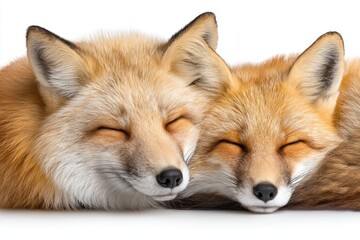 Fototapeta premium Peaceful fox couple sleeping side by side on white background for nature and wildlife design