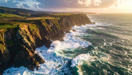 Dramatic Ocean Waves Crash Against Rugged Rocky Cliffs Under Golden Sunlight Creating White Foam Splashes Scenic Coastal Landscape