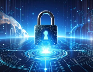 Metallic padlock with keyhole, glowing on a circuit board, light trails