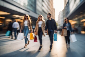 Blurred people walking in modern city, blurred shoppers with shopping bags