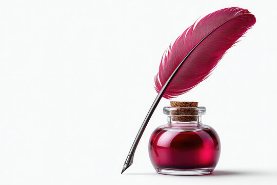 Poetic writing concept with quill pen and ink bottle isolated on white background for creative design