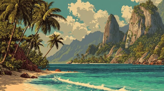 Lush tropical beach with palm trees and rocky mountains during a sunny day