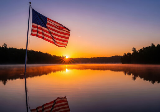 American flag waving over serene lake sunrise