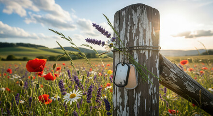 Rustic wooden fence post amidst wildflowers