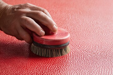 Hand polishing a red textured surface