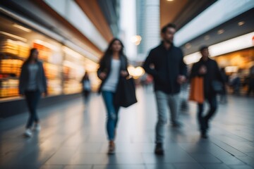 Blurred people walking in modern city, blurred shoppers with shopping bags