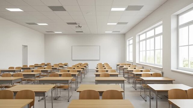 Bright, empty classroom with wooden desks and white walls, whiteboard, and large windows