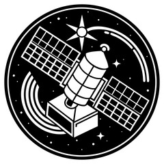 Satellite in orbit with starry background and orbital rings