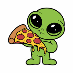 Cute Green Alien Holding Pepperoni Pizza
