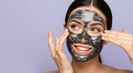 Smiling woman applying charcoal face mask for skincare routine