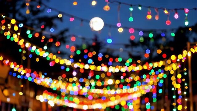 This vibrant evening scene captures a magical atmosphere illuminated by countless colorful string lights creating a beautiful bokeh effect against the twilight sky. A luminous full moon gently glows a - Powered by Adobe