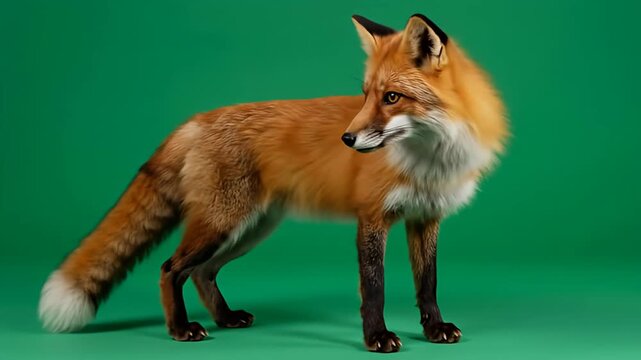 Red fox stands against a vivid green background, displaying its thick, auburn fur