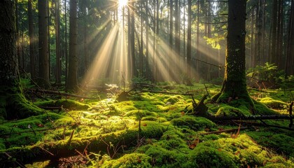 Obraz premium Sunbeams pierce through dense forest canopy illuminating lush green mossy forest floor in morning light creating a magical serene atmosphere