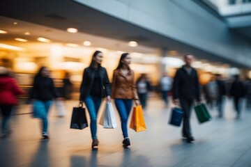 Blurred people walking in modern city, blurred shoppers with shopping bags