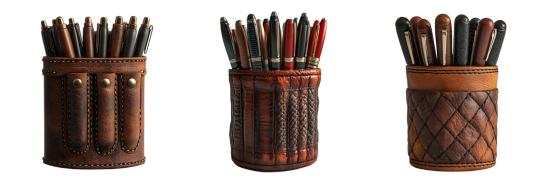 Leather pen holders with assorted pens isolated on a transparent background - Powered by Adobe