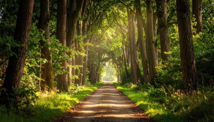 Obraz premium Sunlight Filters Through Tall Trees Onto A Forest Path During Golden Hour With Lush Green Foliage