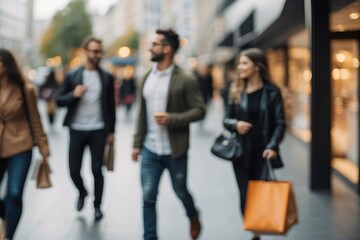 Blurred people walking in modern city, blurred shoppers with shopping bags