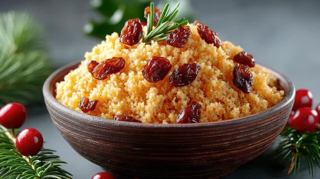 Farofa with raisins in a rustic bowl, Brazilian fried cassava side dish for Christmas celebration&mdash;golden, crunchy texture against a dark, festive red and green backdrop