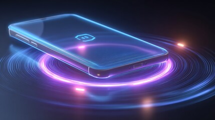 smartphone tap to pay glowing hologram, nfc contactless payment, blue and purple neon light, fintech futuristic background