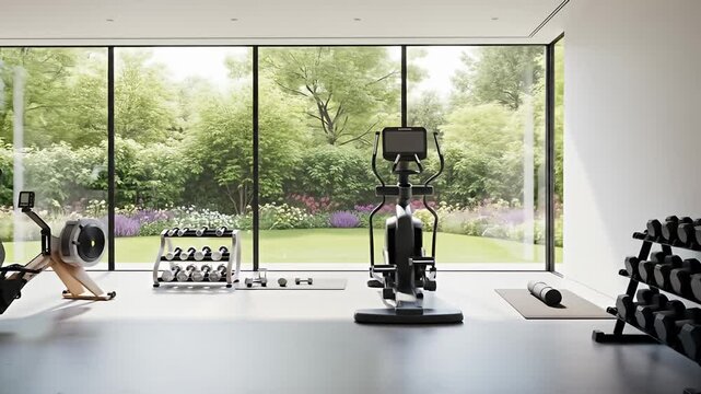 Brightly lit home gym with exercise equipment, expansive windows and nature view