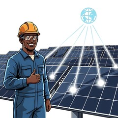 Smiling solar panel technician giving thumbs up with global energy source shining on renewable energy installation showing clean energy for environment