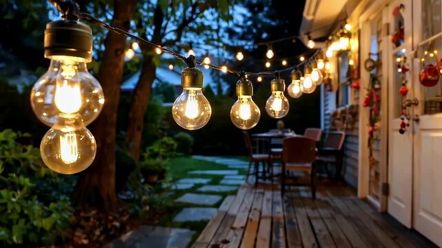 Warm Edison string lights create an inviting glow on a cozy backyard patio at dusk. The soft, ambient light beautifully illuminates a wooden deck and hints at a serene backyard setting, fostering an a