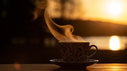 Steaming floral teacup on saucer, blurry sun on horizon, tabletop reflection - Powered by Adobe