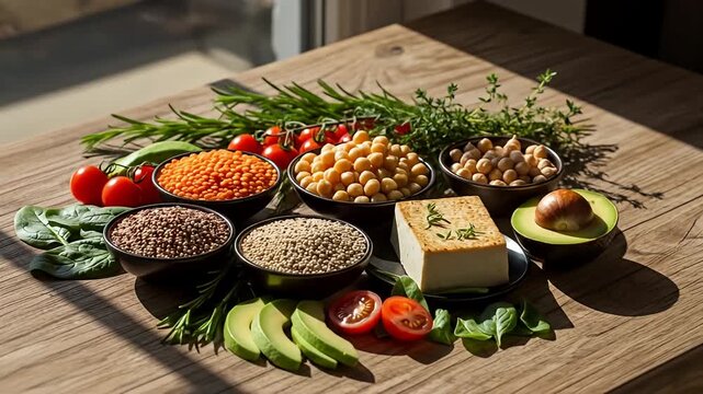 Vegan protein sources arranged on a wooden table under natural lighting, rustic and clean