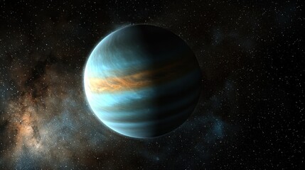 Obraz premium A large, round, dark blue planet with a glowing, orange and blue atmosphere, surrounded by a star field in space.