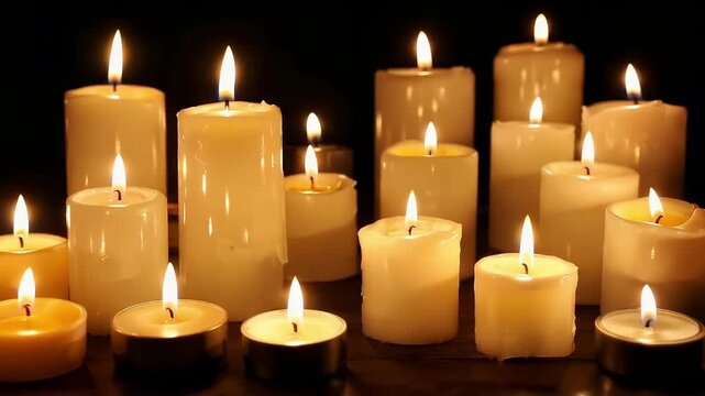 A beautiful array of luminous candles of varying sizes, casting a soft, warm glow against a dark, dramatic background. The gentle flickering flames create an atmosphere of profound tranquility, peace,