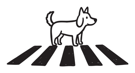 Naklejka premium Black outlined cartoon dog standing on a stylized zebra crossing with thick white stripes, symbolizing pedestrian safety concepts.