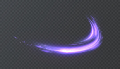 Bright purple light trail with glowing curved stream and sparkling light glare, isolated vector light effect on transparent background.	
