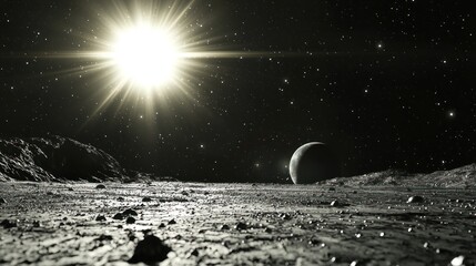 A lunar landscape with a bright sun shining above, a moon in the distance, and rocky terrain in the foreground. 