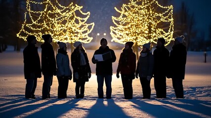 Silhouetted choir stands in a snowy field against trees adorned with warm festive lights - Powered by Adobe