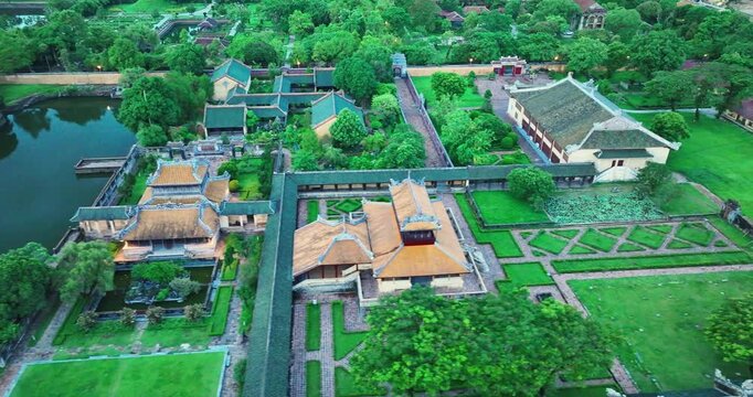 Aerial view of Landscape in the imperial Forbidden Citadel in Hue city, Vietnam. The place that leads to the palaces of kings, feudal officials in the 19th century in Hue, Vietnam