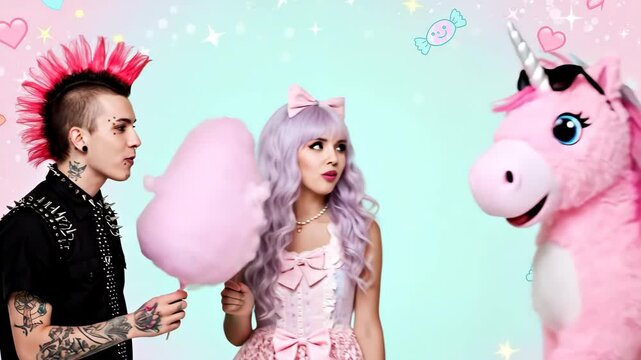 Man with mohawk and woman sharing large pink cotton candy with unicorn toy for sweet dessert video