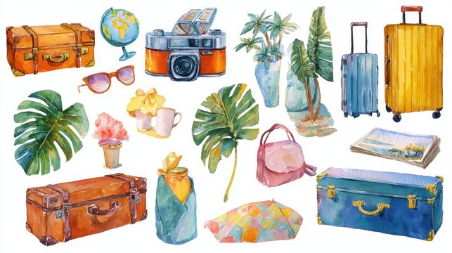 Travel essentials and vacation items displayed in a vibrant watercolor illustration showcasing a variety of suitcases, a globe, and travel accessories