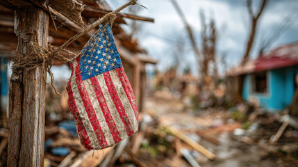 Tattered American flag hanging on wooden post with rope in damaged rural area with collapsed buildings, debris on ground, cloudy sky, and autumn branches scattered around