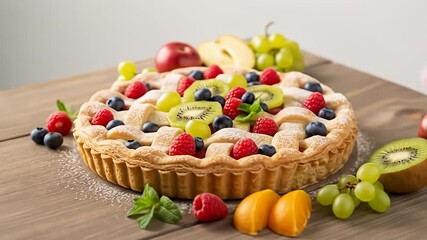 Eye-level close-up of a latticed fruit pie on a wood surface, garnished with assorted fruits - Powered by Adobe