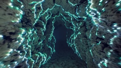 A mesmerizing view of a cave tunnel with glowing bioluminescent lights illuminating its walls creating an ethereal atmosphere. - Powered by Adobe