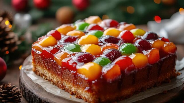 Colorful fruitcake on a rustic wooden platter. Topped with strawberries. Blueberries. Grapes and chopped tropical fruit for a vibrant. Homemade dessert perfect for holiday celebrations and gatherings
