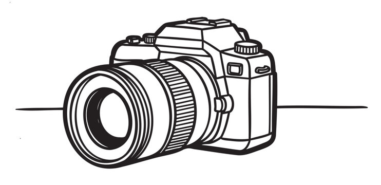 Black outline drawing of a digital slr camera with a large lens, depicting technical details and minimal design elements. - Powered by Adobe