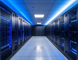 Modern data center corridor with servers and blue lighting