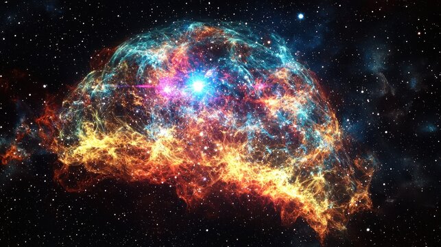 A vibrant, colorful nebula with a star at its center, surrounded by a myriad of stars and galaxies in a cosmic setting.