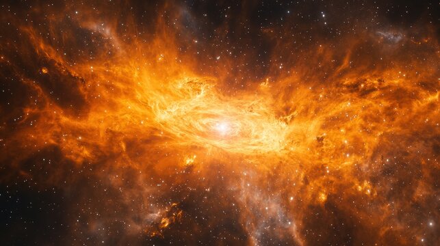 A vibrant orange nebula with swirling patterns and a central point of light, surrounded by a star field and a few distant galaxies in the background.