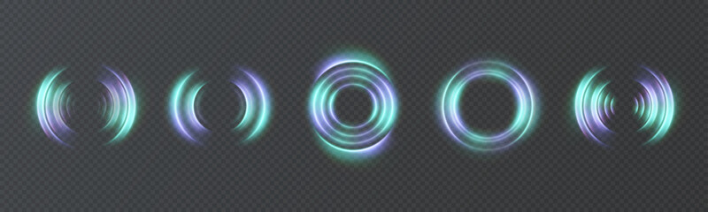 A set of glowing radar effects and wave-like patterns on a transparent background. Round signal elements for user interfaces, futuristic HUD visual effects, scanning animations, or sonar display desig © MAKSYM